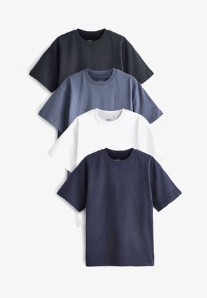 Vier short-sleeve t-shirts in donkergrijs, lichtblauw, wit en marineblauw, gemaakt van gladde katoen met ribgebreide ronde hals. Eenvoudige, effen kleuren.