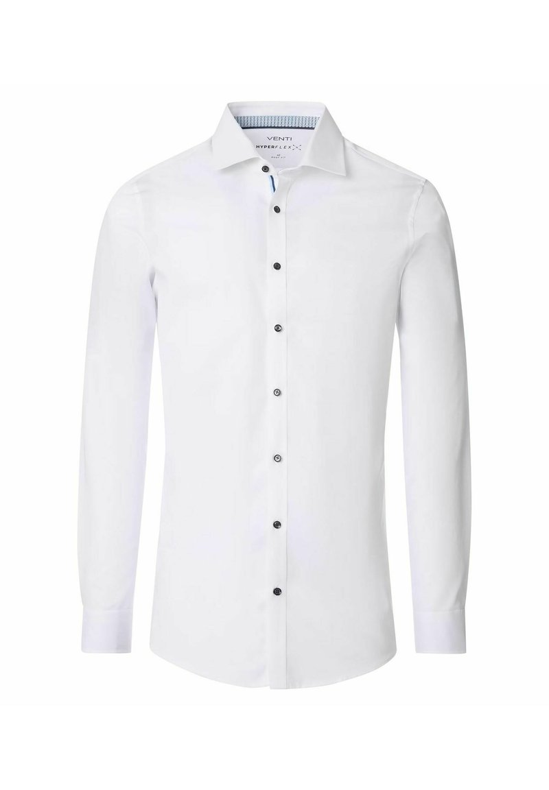 Witte overhemd met lange mouwen van gladde stof, voorzien van een puntige kraag, zwarte knopen en contrasterende blauwe accenten aan de binnenkant van de kraag.