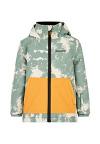Groene en crèmekleurige geprinte jas met een gele pocket, een rits aan de voorkant en een capuchon. Heeft elastische manchetten en een logo op de borst.