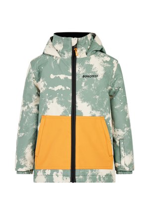 Grüne und cremefarbene gemusterte Jacke mit einer gelben Tasche, frontalem Reißverschluss und Kapuze. Verfügt über elastische Bündchen und ein Logo auf der Brust.