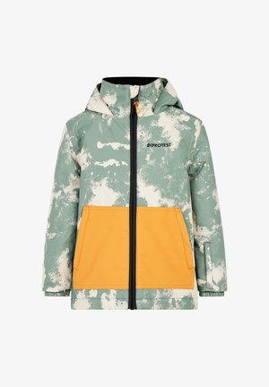 Grüne und cremefarbene gemusterte Jacke mit einer gelben Tasche, frontalem Reißverschluss und Kapuze. Verfügt über elastische Bündchen und ein Logo auf der Brust.