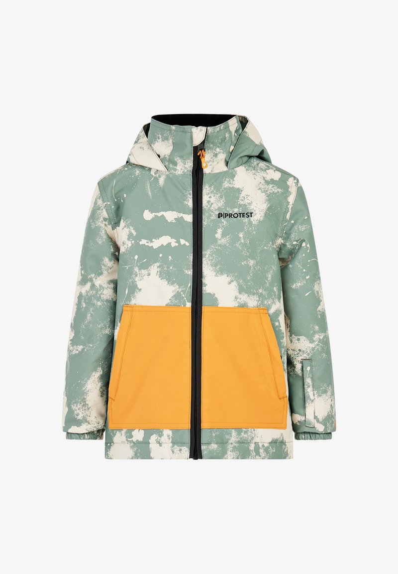 Grüne und cremefarbene gemusterte Jacke mit einer gelben Tasche, frontalem Reißverschluss und Kapuze. Verfügt über elastische Bündchen und ein Logo auf der Brust.