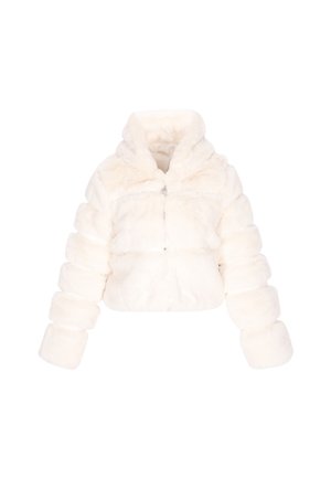 Witte nep bont cropped jas met een kap, met puffy mouwen en een ritssluiting, die een zachte textuur en een luxueus ontwerp laat zien.