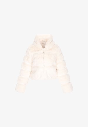 Witte nep bont cropped jas met een kap, met puffy mouwen en een ritssluiting, die een zachte textuur en een luxueus ontwerp laat zien.
