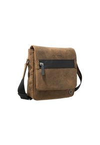 Borsa a tracolla in pelle marrone con tasca zip nera, tracolla regolabile e logo sulla parte anteriore. Superficie texture e chiusura a patta.