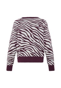 Pull à manches longues à motif zèbre blanc et violet foncé, vu de dos, avec des poignets et une ceinture violets unis.