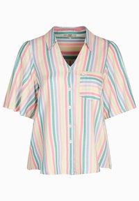 Chemise à manches courtes à boutons, avec des rayures verticales multicolores dans des teintes pastel, une poche poitrine et un accent floral subtil.