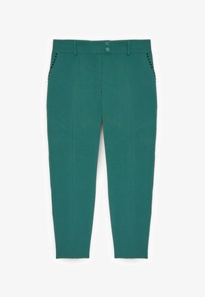 Pantaloni teal dintr-un material neted, având o croială ajustată, două buzunare frontale și cuișoare decorative negre pe lateral.