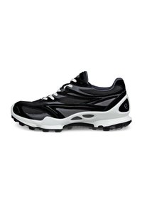 Black athletic shoe with mesh and synthetic materials, white sole, contrasting textures, and lace-up design. Features cut-out accents on sides.