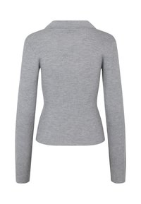 Gray ribbed sweater with a collared neckline and long sleeves. The design features a fitted shape and smooth texture throughout.