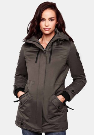 Dark gray parka with a hood, featuring zip and button closure, two front pockets, and black accents on cuffs and drawstrings. Smooth texture.