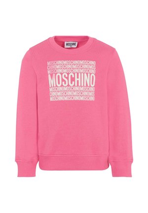 Felpa rosa con maniche lunghe, caratterizzata dal logo "MOSCHINO" ripetuto in bianco. Realizzata in materiale morbido con collo rotondo e polsini a costine.