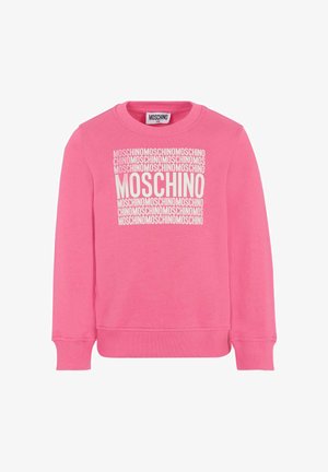 Felpa rosa con maniche lunghe, caratterizzata dal logo "MOSCHINO" ripetuto in bianco. Realizzata in materiale morbido con collo rotondo e polsini a costine.