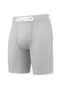 Szürke boxer alsónadrág puha anyagból, fehér elasztikus derékpánttal, amelyen a "PSD" logó látható. Sima textúrájú, testhezálló kialakítással.