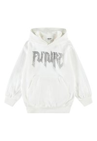 Hoodie blanc en coton, avec un grand graphique argenté "FUTURE". Il possède une poche kangourou, des poignets côtelés et une capuche avec cordon.