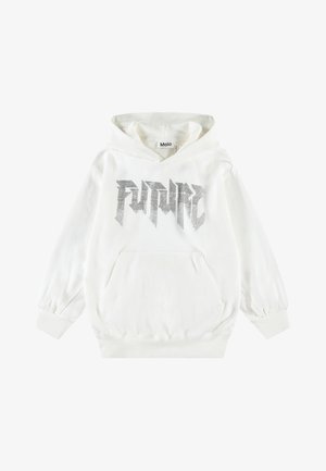 Balts kapučus, izgatavots no kokvilnas, ar lielu sudraba "NĀKOTNE" grafiku. Tam ir kenguru kabata, ribotas piedurknes un kapuce ar auklu.