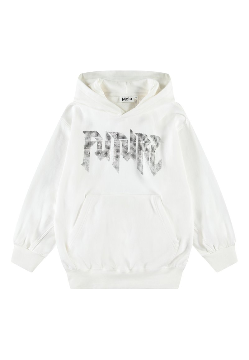 Hoodie blanc en coton, avec un grand graphique argenté "FUTURE". Il possède une poche kangourou, des poignets côtelés et une capuche avec cordon.
