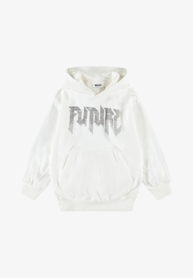 Balts kapučus, izgatavots no kokvilnas, ar lielu sudraba "NĀKOTNE" grafiku. Tam ir kenguru kabata, ribotas piedurknes un kapuce ar auklu.