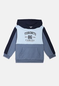 Gevoerde sweatshirt met een blauw en marinekleurig blokontwerp. Voorzien van een frontzak en bedrukte tekst: "TORONTO BEST 86 TEAM CANADA." Zachte stof.