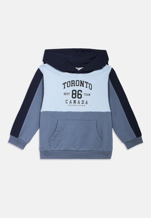 Gevoerde sweatshirt met een blauw en marinekleurig blokontwerp. Voorzien van een frontzak en bedrukte tekst: "TORONTO BEST 86 TEAM CANADA." Zachte stof.
