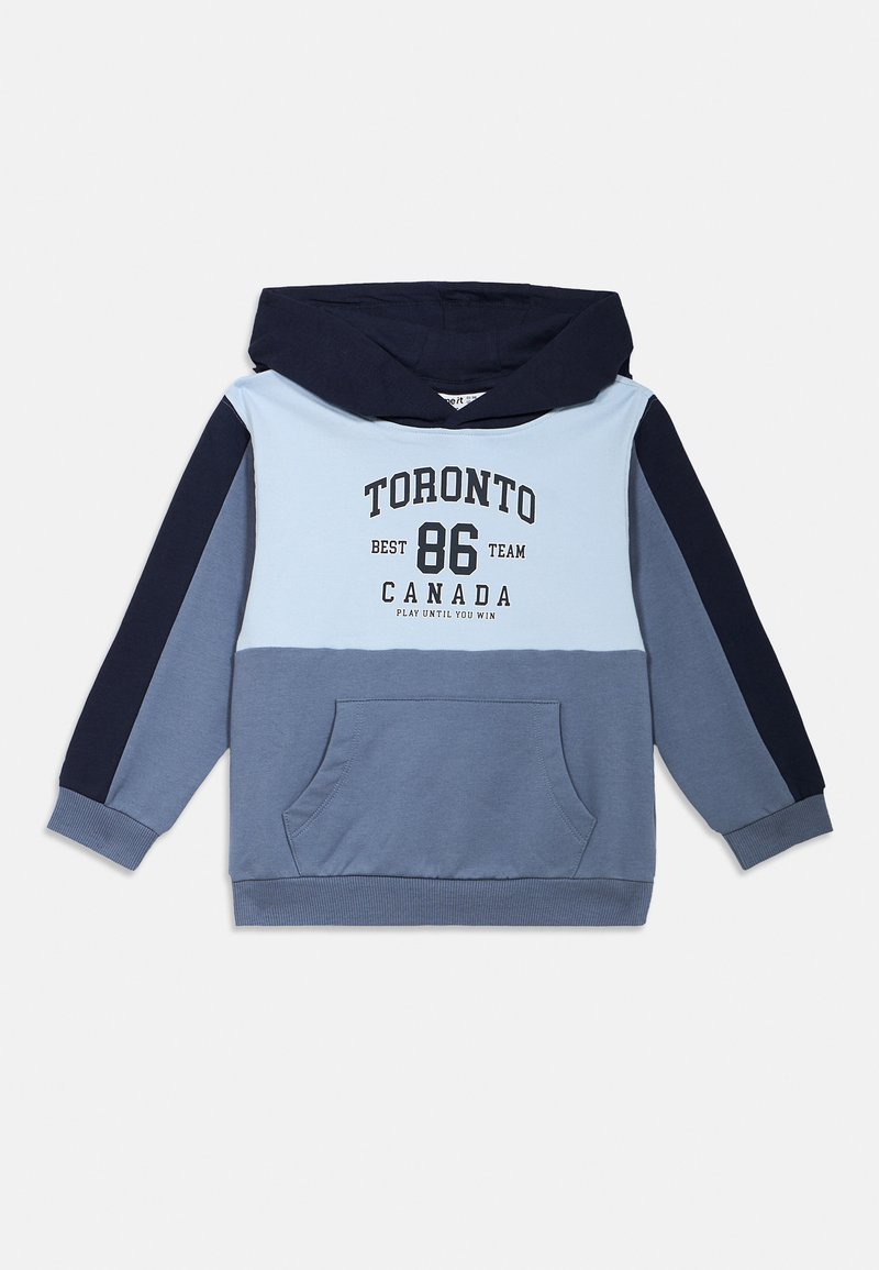 Gevoerde sweatshirt met een blauw en marinekleurig blokontwerp. Voorzien van een frontzak en bedrukte tekst: "TORONTO BEST 86 TEAM CANADA." Zachte stof.