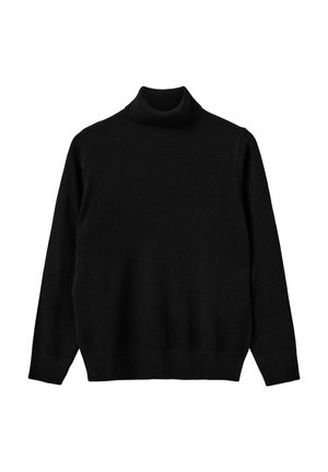 Pulover negru cu guler înalt realizat dintr-un material moale. Prezintă manșete și guler cu nervuri, având o croială lejeră și o textură netedă.