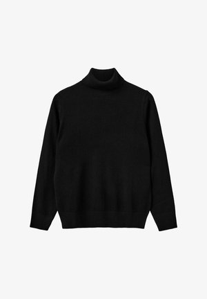 Pulover negru cu guler înalt realizat dintr-un material moale. Prezintă manșete și guler cu nervuri, având o croială lejeră și o textură netedă.