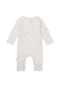 Langärmliger Babystrampler aus weichem, cremefarbendem Baumwollstoff mit pastellfarbenen Blatt- und Blumenmotiven. Verfügt über elastische Bündchen und ein offenes Fußdesign für ein einfaches Anziehen.