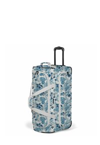 Rollholdall mit weißem Hintergrund, blauem Blumenmuster und schwarzem Radgestell. Verfügt über verstellbare Riemen und einen teleskopierbaren Griff.