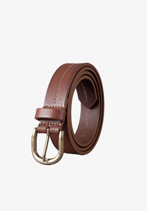 Brown leather belt with a matching stitch, featuring a brass buckle and a smooth texture. Coiled design, emphasizing flexibility and durability.