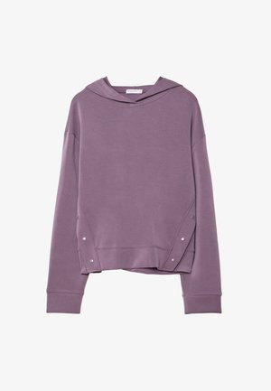 Lavender hooded sweatshirt with long sleeves, side snap button details, and a slightly cropped hem.