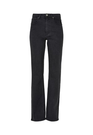 Fekete, egyenes szárú farmernadrág, magas derékú, denim anyagból készült, elöl gombos záródással és öt zsebes kialakítással, finom varrási részletekkel.