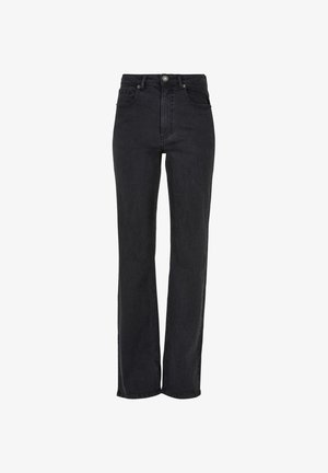 Fekete, egyenes szárú farmernadrág, magas derékú, denim anyagból készült, elöl gombos záródással és öt zsebes kialakítással, finom varrási részletekkel.