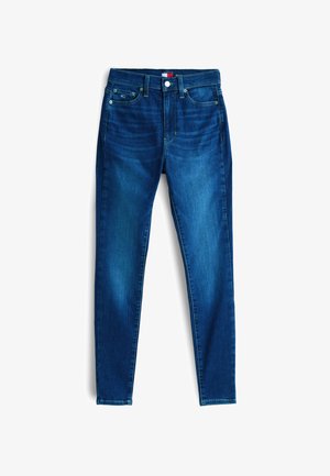 Skinny jeans i mørkeblåt denim, med mid-rise talje, fem-lomme design og subtil falmning på lårene. Klassisk knaplukning.