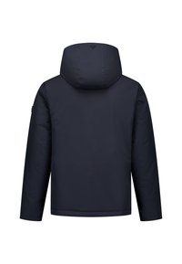 Marineblauwe, gevoerde jas met capuchon, met een gladde buitenkant, lange mouwen en een logoaccent op de linkermouw.