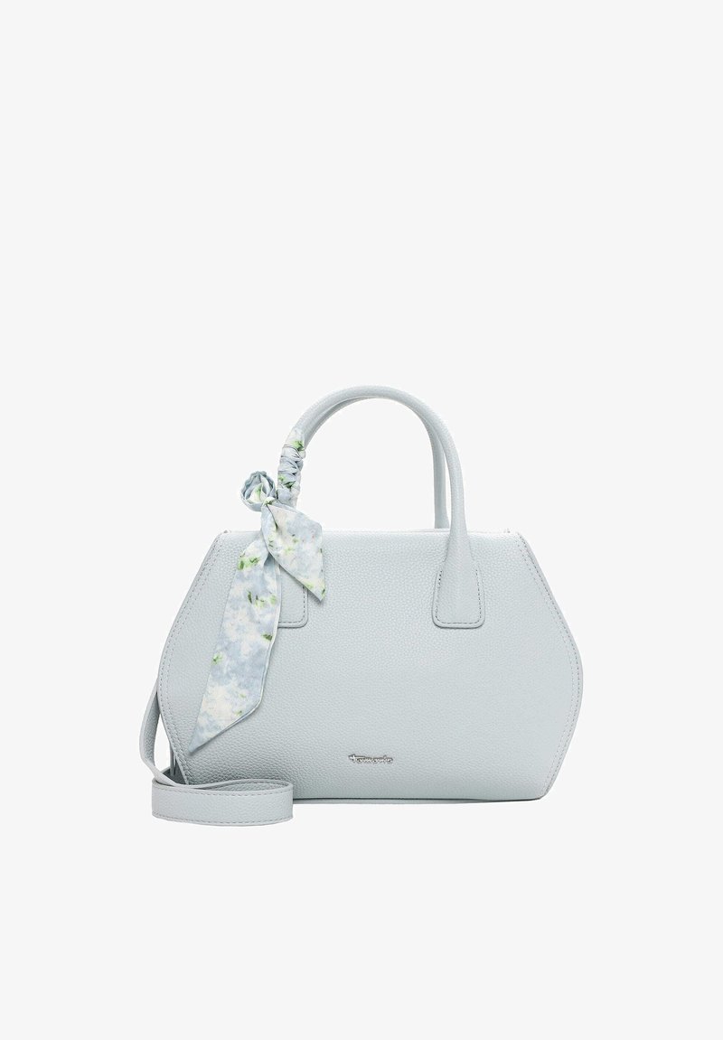 Sac à main gris clair texturé avec deux poignées courtes, une bandoulière amovible, et un foulard floral attaché à une poignée.