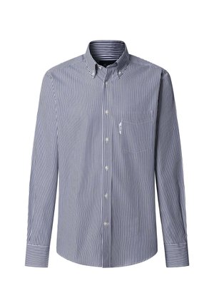 Heren overhemd met lange mouwen, knoopsluiting, blauwe en witte verticale strepen, button-down kraag, borstzak en knoopmanchetten.