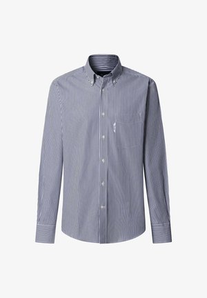 Heren overhemd met lange mouwen, knoopsluiting, blauwe en witte verticale strepen, button-down kraag, borstzak en knoopmanchetten.