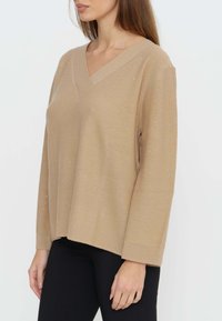Beiger V-Ausschnitt-Pullover mit langen Ärmeln, aus weichem Material gefertigt, mit dezenten schimmernden Akzenten und gerippten Bündchen.