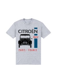 Šedé bavlněné tričko s grafikou Citroën 2CV, s textem "CITROËN" a "PAŘÍŽ • FRANCIE" v černé a červené barvě.
