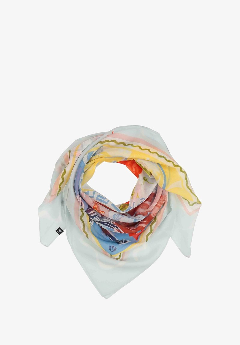 Sciarpa leggera e setosa di colore blu chiaro con una stampa a motivi colorati che presenta accenti rossi, gialli e verdi disposti a forma triangolare.