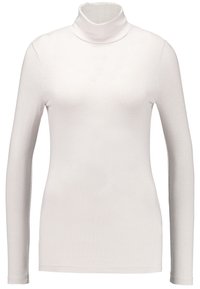 Langärmliges Rollkragenoberteil aus leicht beigem Stoff. Weiche Textur, figurbetontes Design und ein hoher Kragen mit langen Ärmeln; nahtlose Verarbeitung.