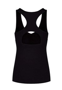 Svart ärmlös topp med racerbackdesign och utskärningar. Tillverkad av ett mjukt tyg har den en figurnära silhuett och minimalistisk stil.