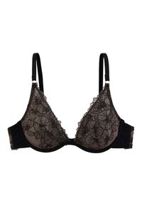 Soutien-gorge en dentelle noire avec broderies florales, bords festonnés, bretelles réglables et panneau arrière noir uni. Présente une forme triangulaire.