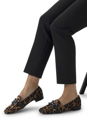 Leopard print loafers with a flat heel, crafted from soft material, featuring a black accent band and decorative embellishments on the front.