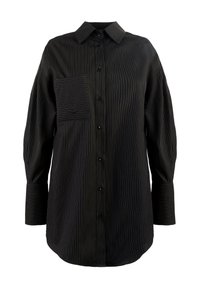 Čierna pruhovaná košeľa s dlhým rukávom a zapínaním na gombíky, s ľavým vreckom na hrudi a štruktúrovaným golierom. Mäkkučký, hladký textilný materiál.