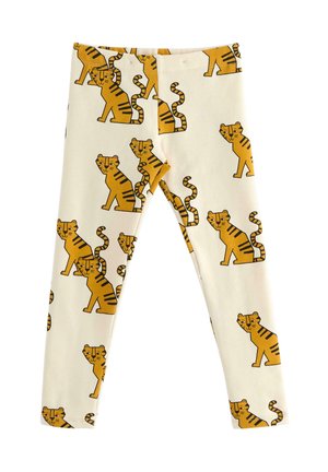 Yellow tiger-print leggings on a cream background, featuring a stretchy fit and smooth texture. Design includes multiple tiger illustrations.