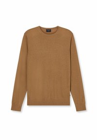 Brauner, gestrickter Pullover mit Rundhalsausschnitt, langen Ärmeln, gerippten Bündchen und Saum, gefertigt aus einem weichen, glatten Material.