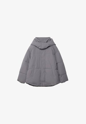 Gray puffer jacket with a high collar, two front pockets, and elastic cuffs. The material appears smooth with a quilted texture.