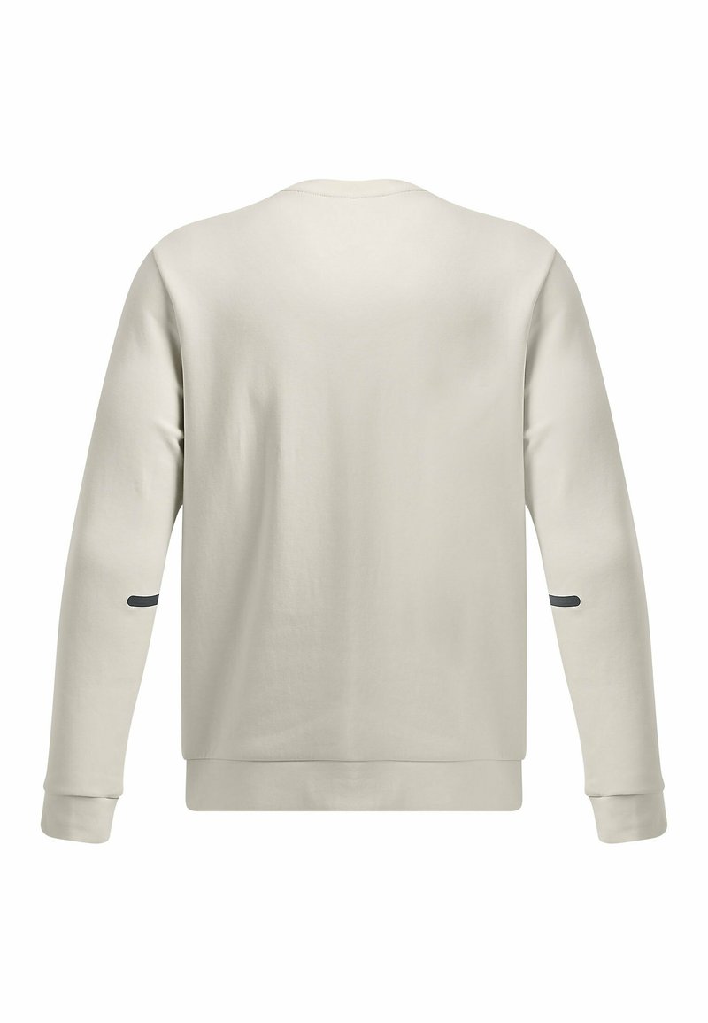 Lichtgrijze sweatshirt gemaakt van zachte stof. Heeft een ronde hals, lange mouwen en een kleine zwarte accent op de bovenarm.